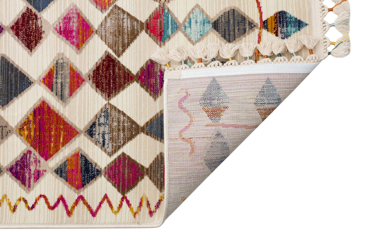 PR 10 MULTY - PETRA - Hav Toz Vermez Etnik ve Modern Desenli Renkli Saçaklı Halı